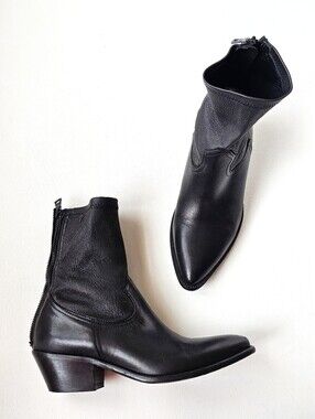 RTA Black Leather Pointed Toe Ankle Boots Western Zip Designer Booties EU 39